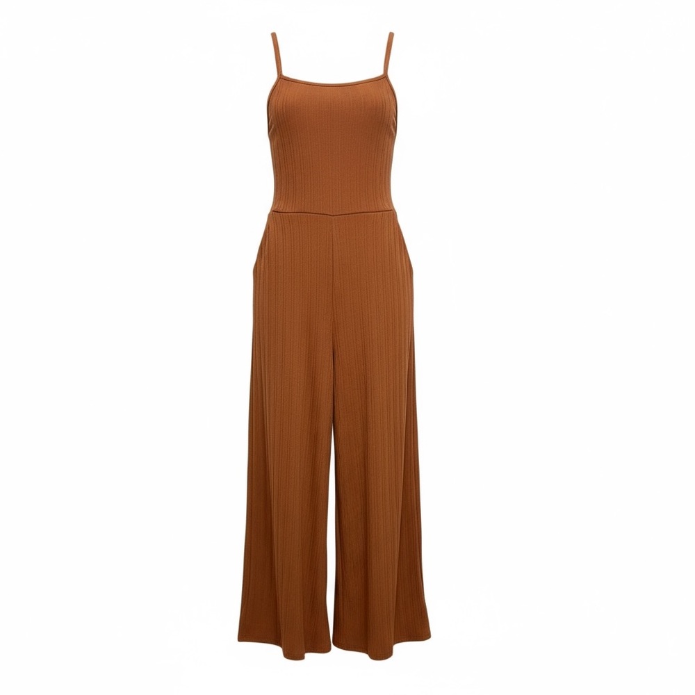 Sienna Sky Rust Ribbed Wide-Leg Jumpsuit with Stretch Waist (Size Large)
